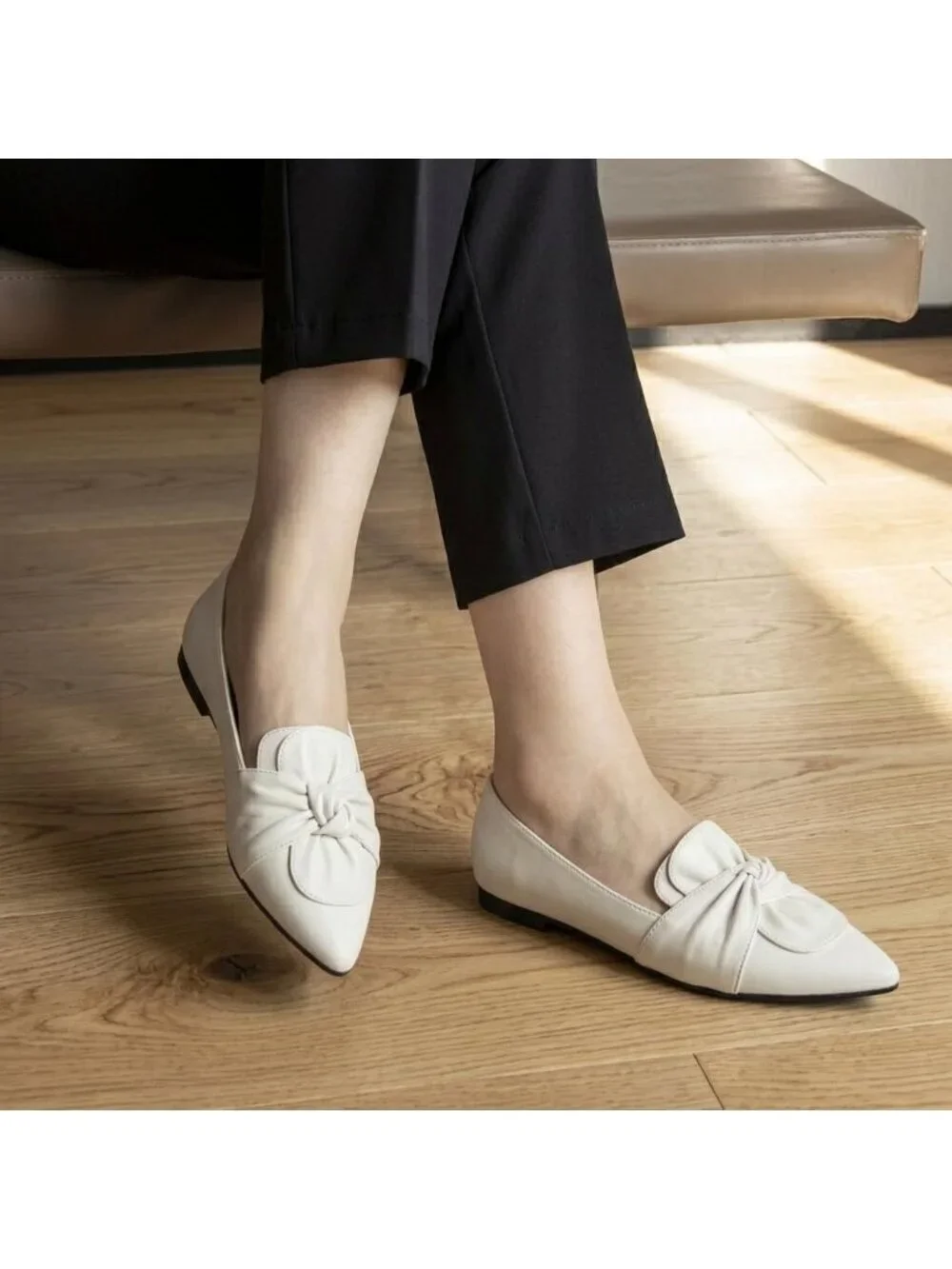 Women's White Soft PU Leather Pointed Toe Ballet Flat Non-Slip Rubber Sole Shoes